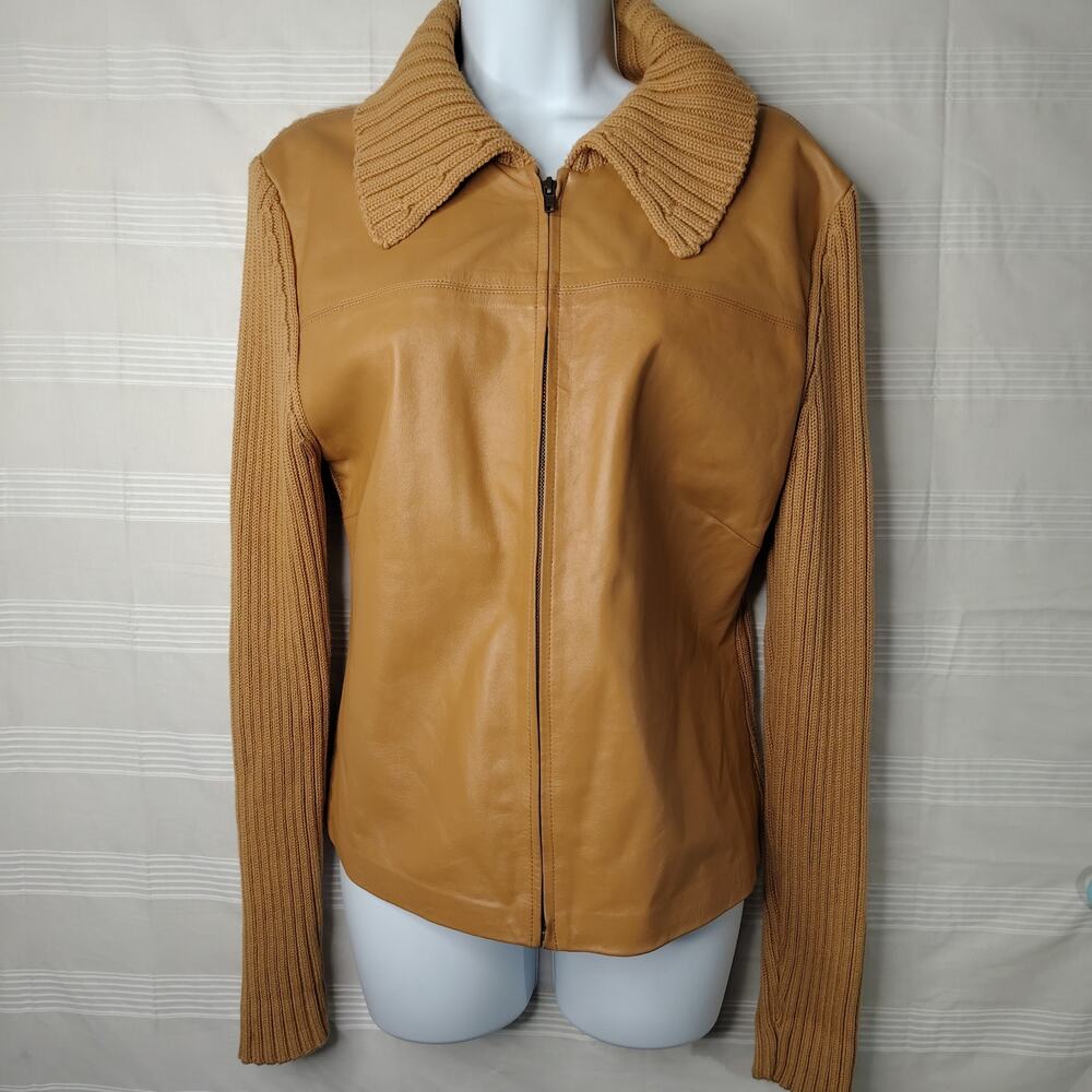 Maurice Sasson Jacket Women's Medium Dark Tan Leather & Cotton Knit Sweater‎